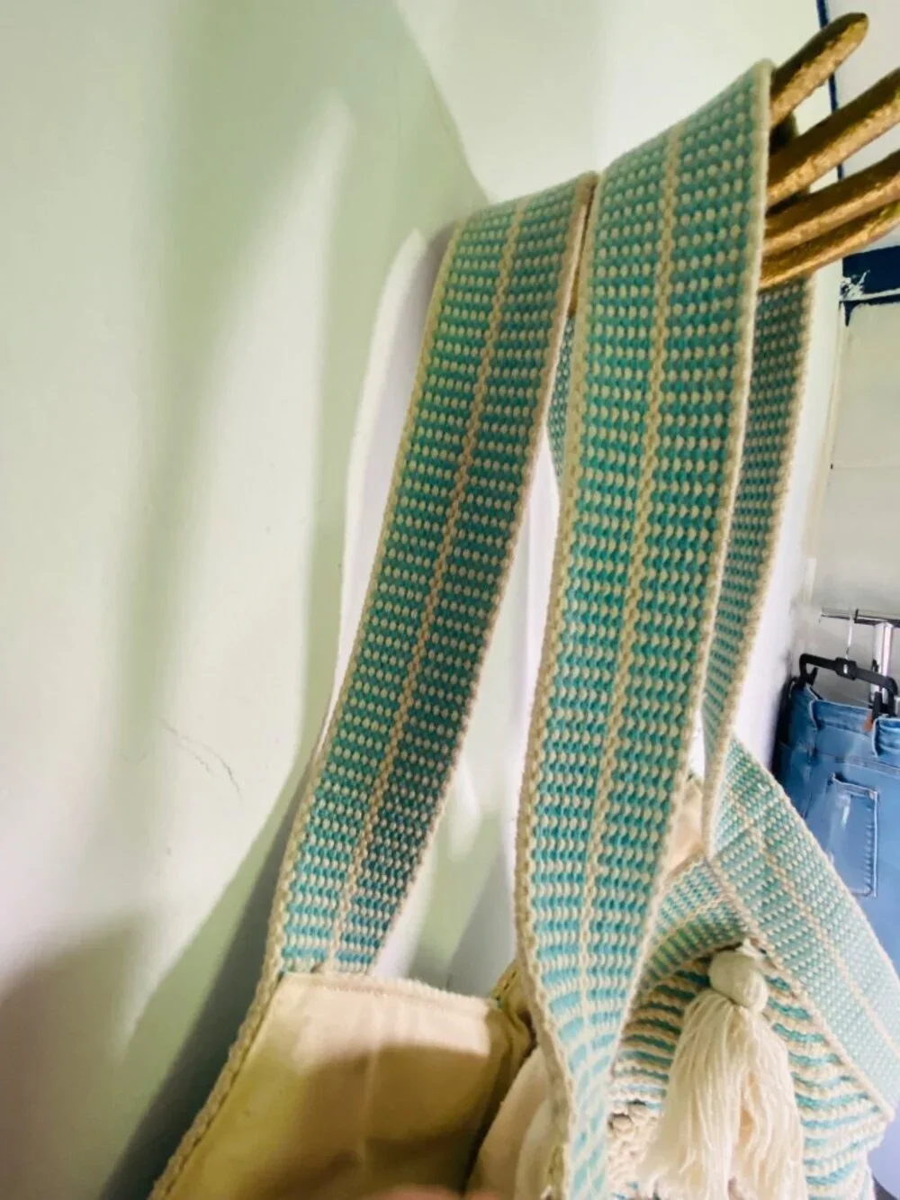 Boho Striped Cotton Tote With Tassels & Textured Diamond Pattern Beige & Teal La